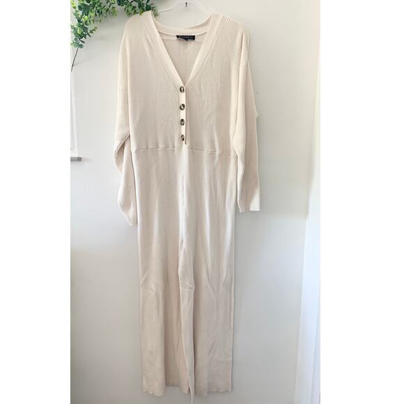 Eloquii Knit Ribbed Long Sleeve Jumpsuit Button Front Cropped Cream White  22-24 - Picture 1 of 3